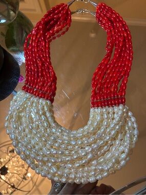NOS VINTAGE Multi-strand White  FW Pearls and Red Coral Beads- Single-owner